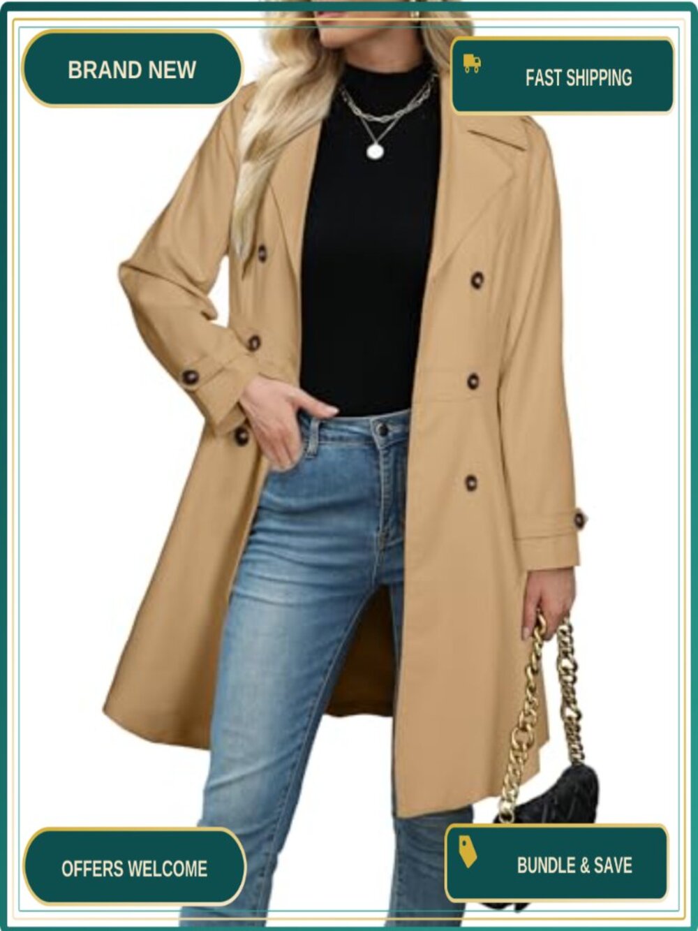 Women's Double-Breasted Trench Coat with Ruffle Hem A-Line Fall Winter Overcoat